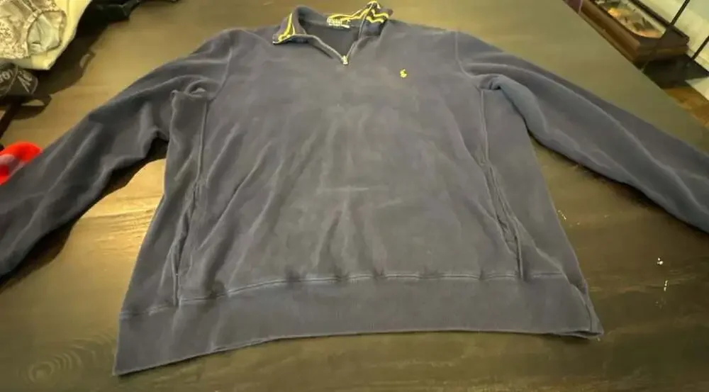 Ralph Lauren Vintage Navy Blue Quarter Zip Pullover Sweater Striped yellow Colla